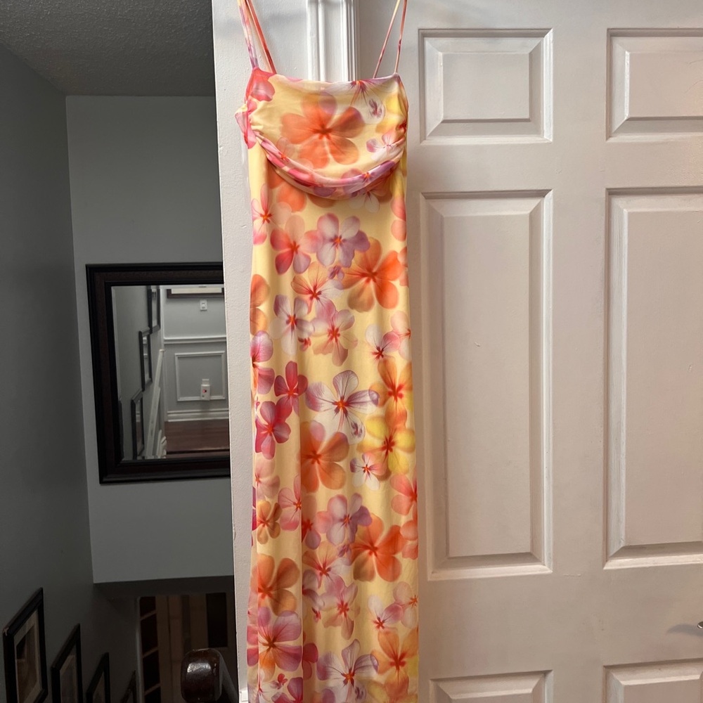 See You Monday Yellow Floral Slip Maxi Dress with Pink & Orange Blooms